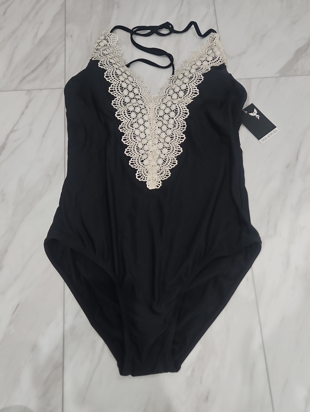 Black One-Piece Swimsuit with Cream Lace Trim